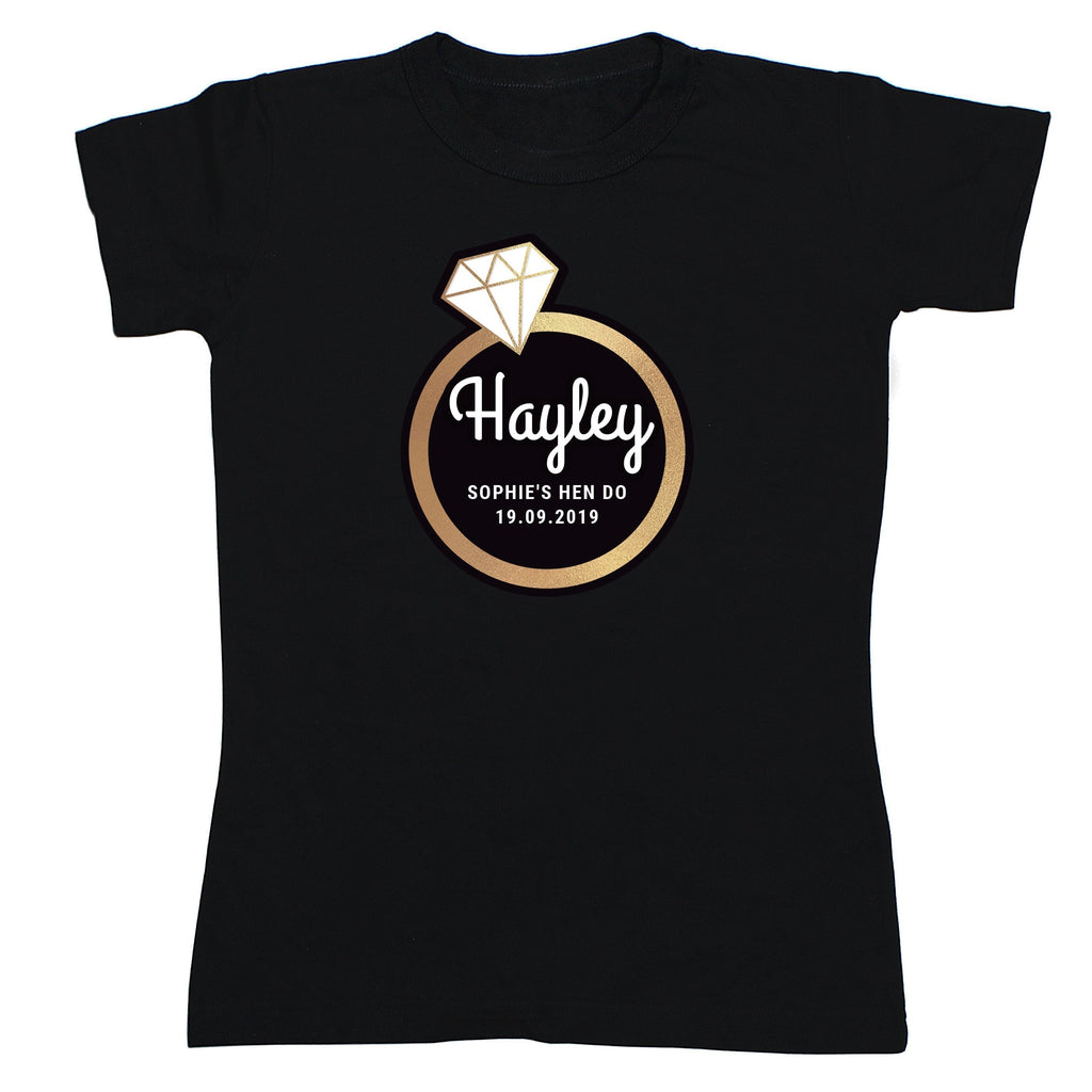 Personalised Gold Bling Ring Hen Party T-Shirt - Black Medium