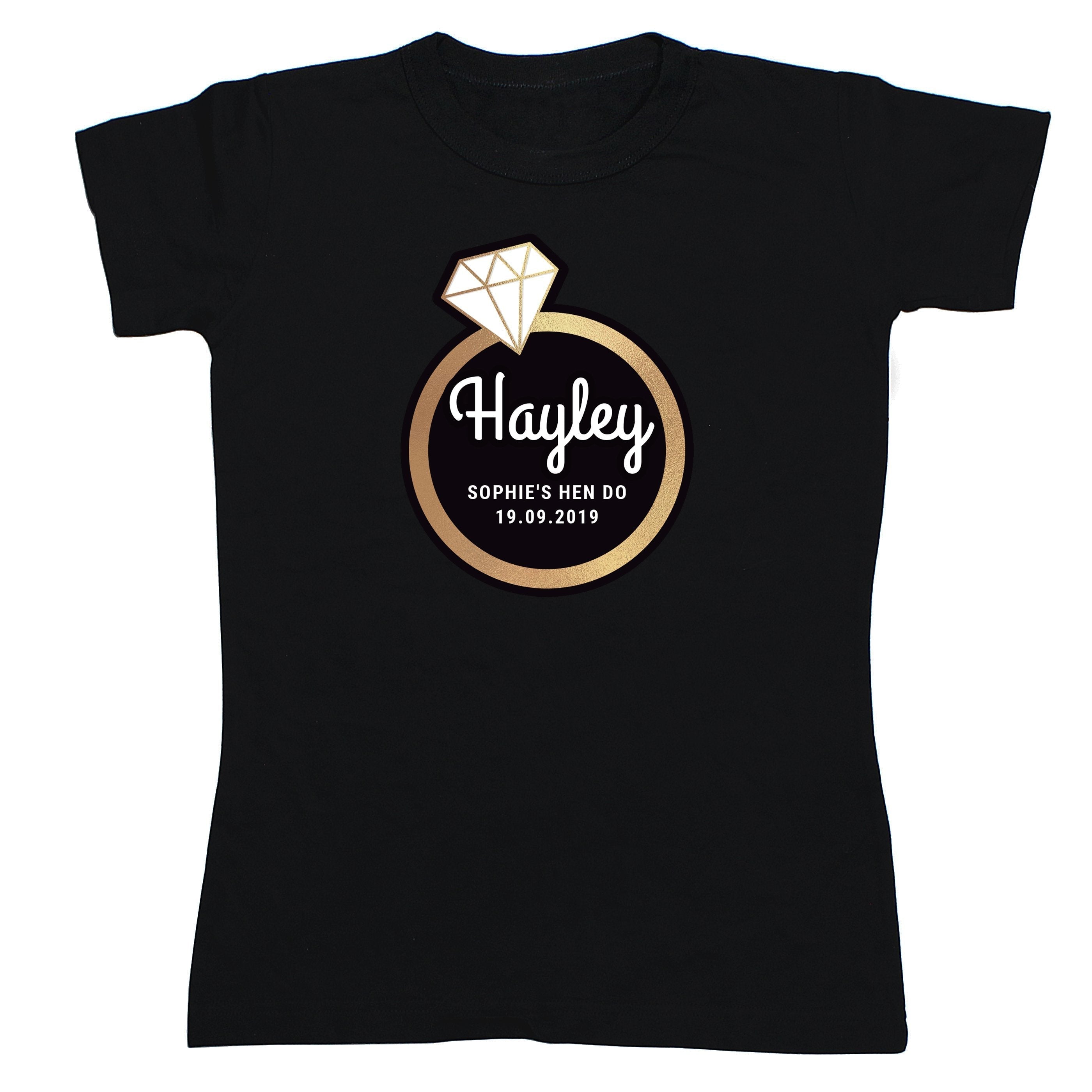 Personalised Gold Bling Ring Hen Party T-Shirt - Black Medium