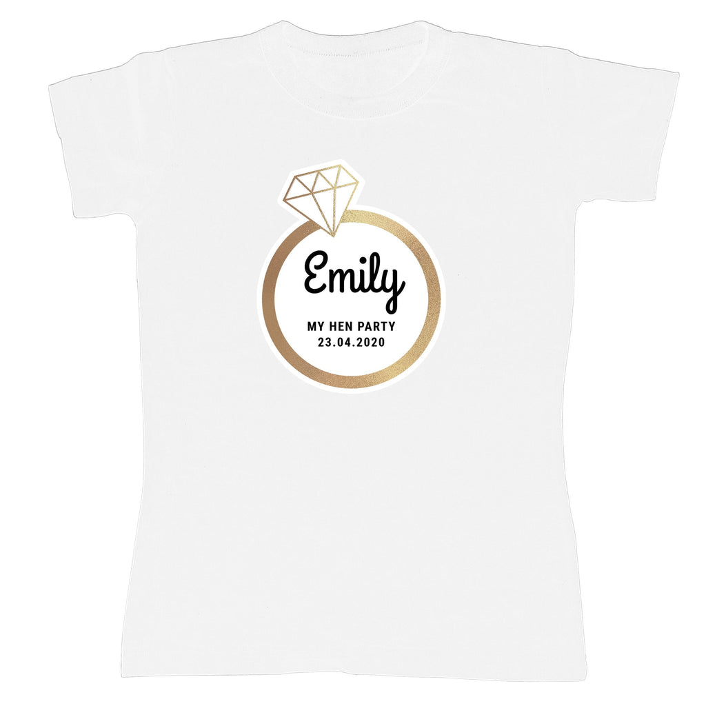 Personalised Gold Bling Ring Hen Party T-Shirt - White Medium