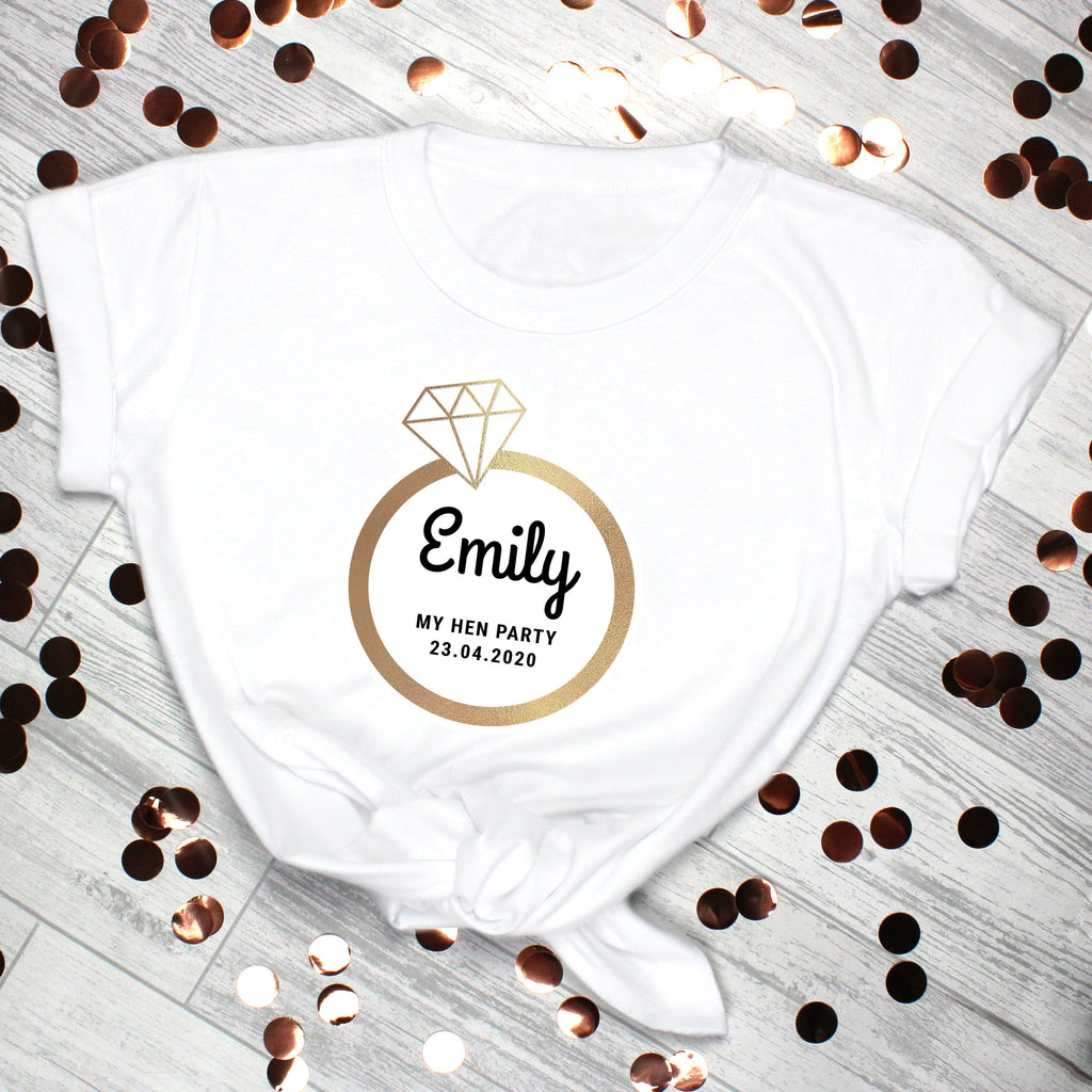 Personalised Gold Bling Ring Hen Party T-Shirt - White Small