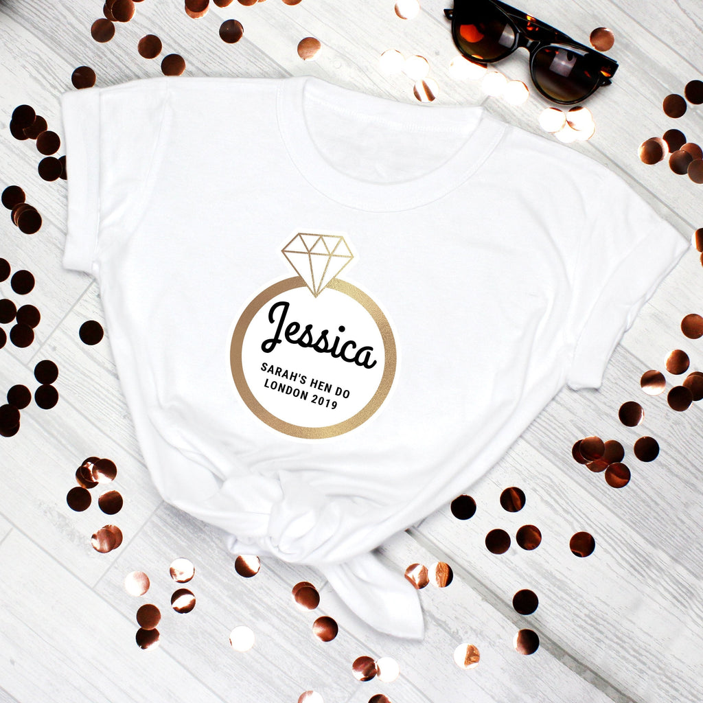 Personalised Gold Bling Ring Hen Party T-Shirt - White Small