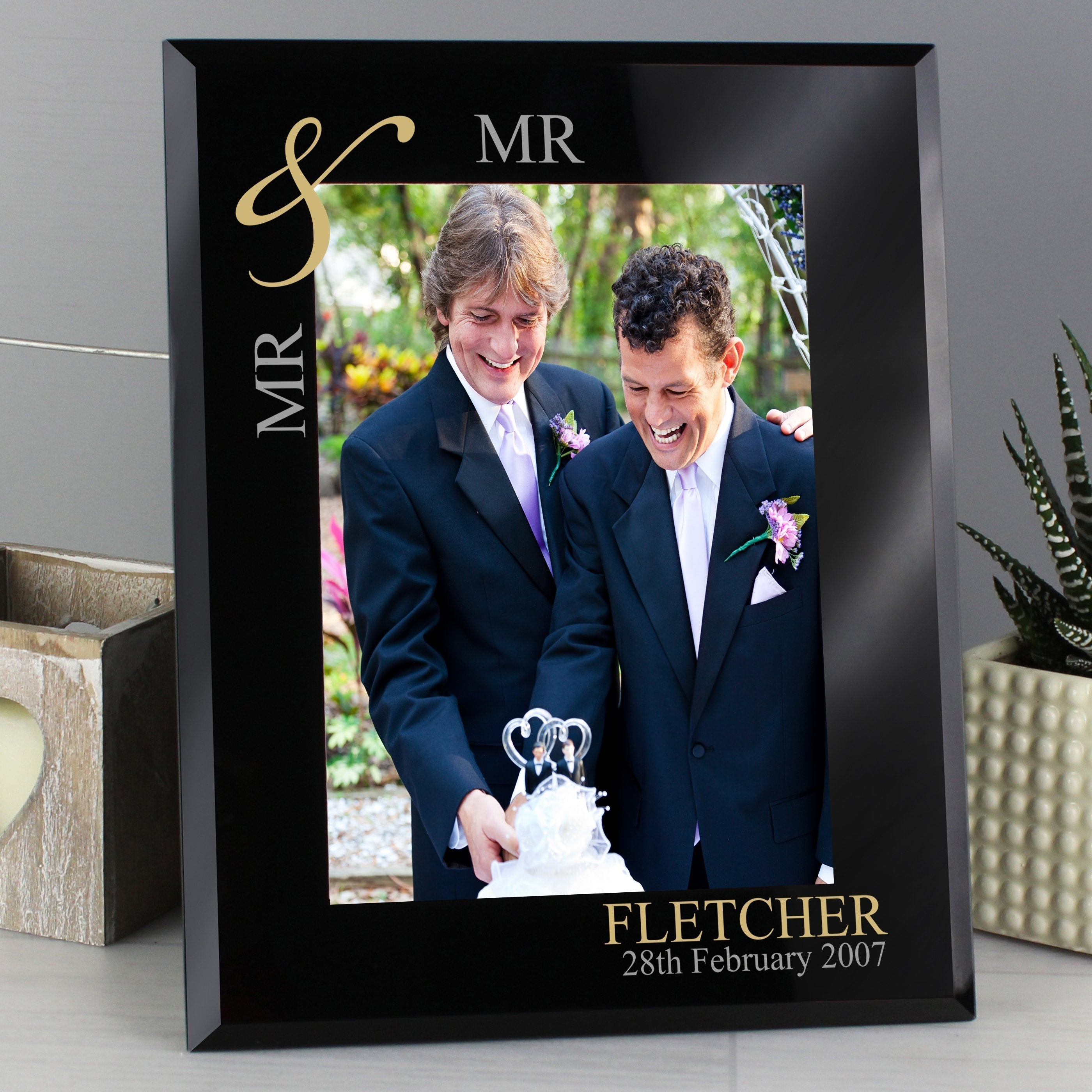 Personalised Gold Couples 5x7 Inch Black Glass Photo Frame