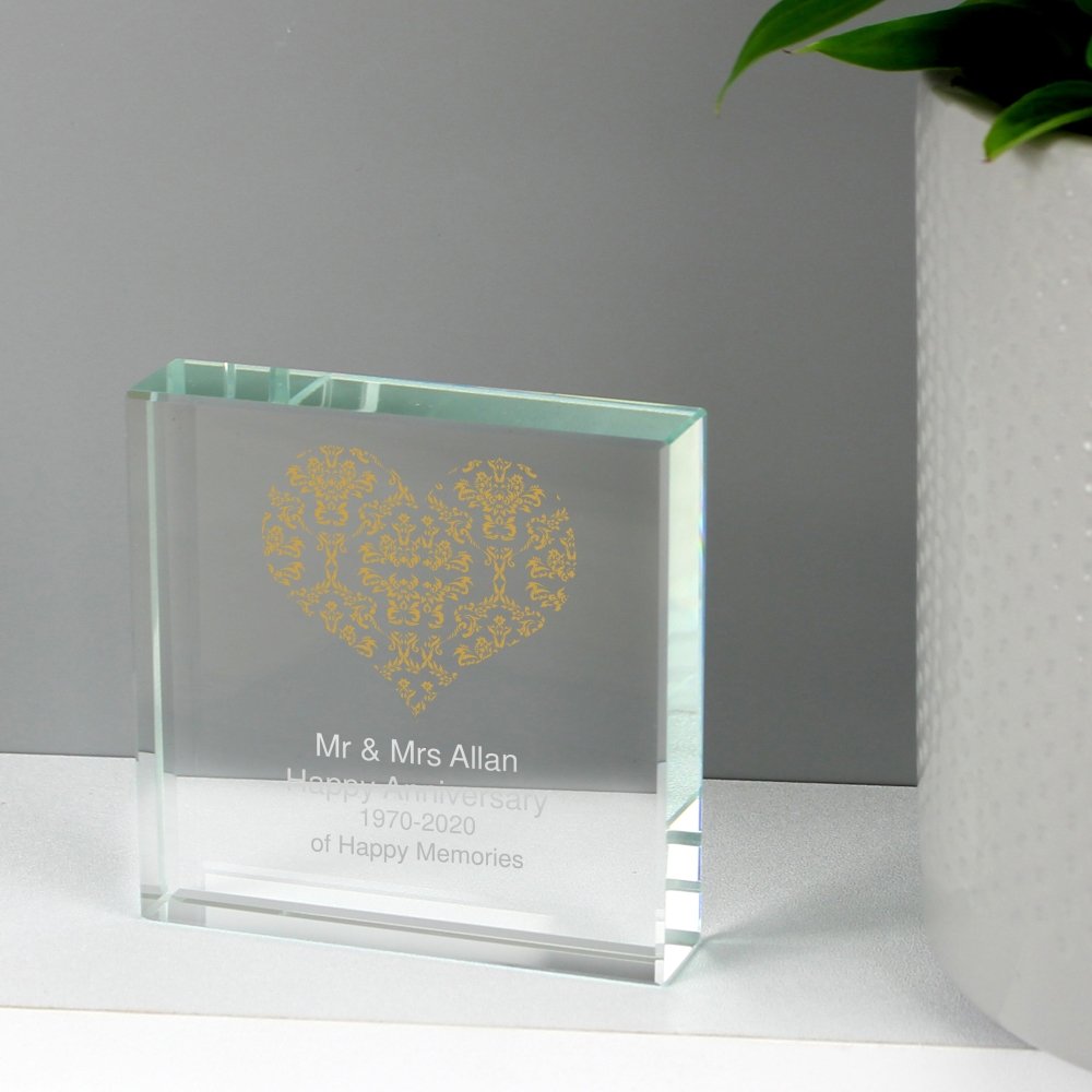 Personalised Gold Damask Heart Large Crystal Token