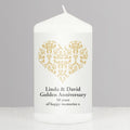 Personalised Gold Damask Heart Pillar Candle