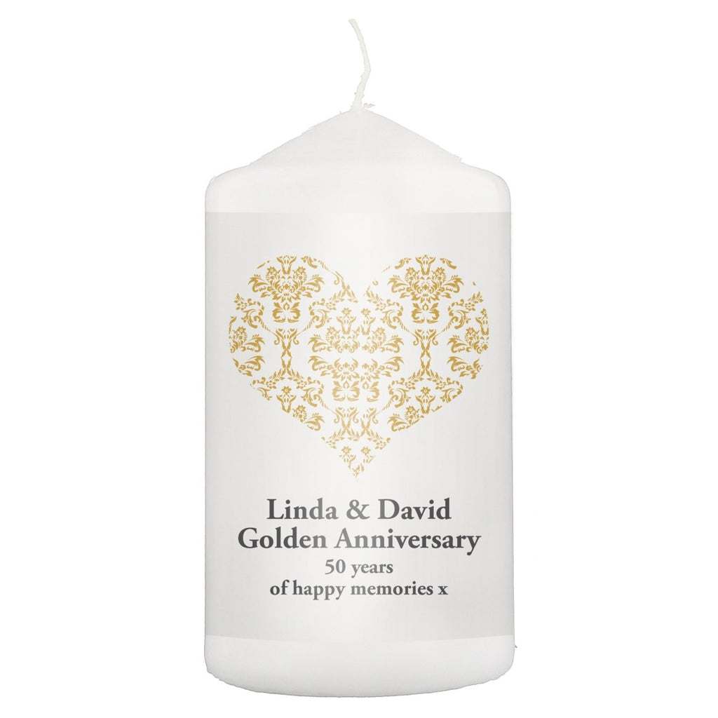 Personalised Gold Damask Heart Pillar Candle
