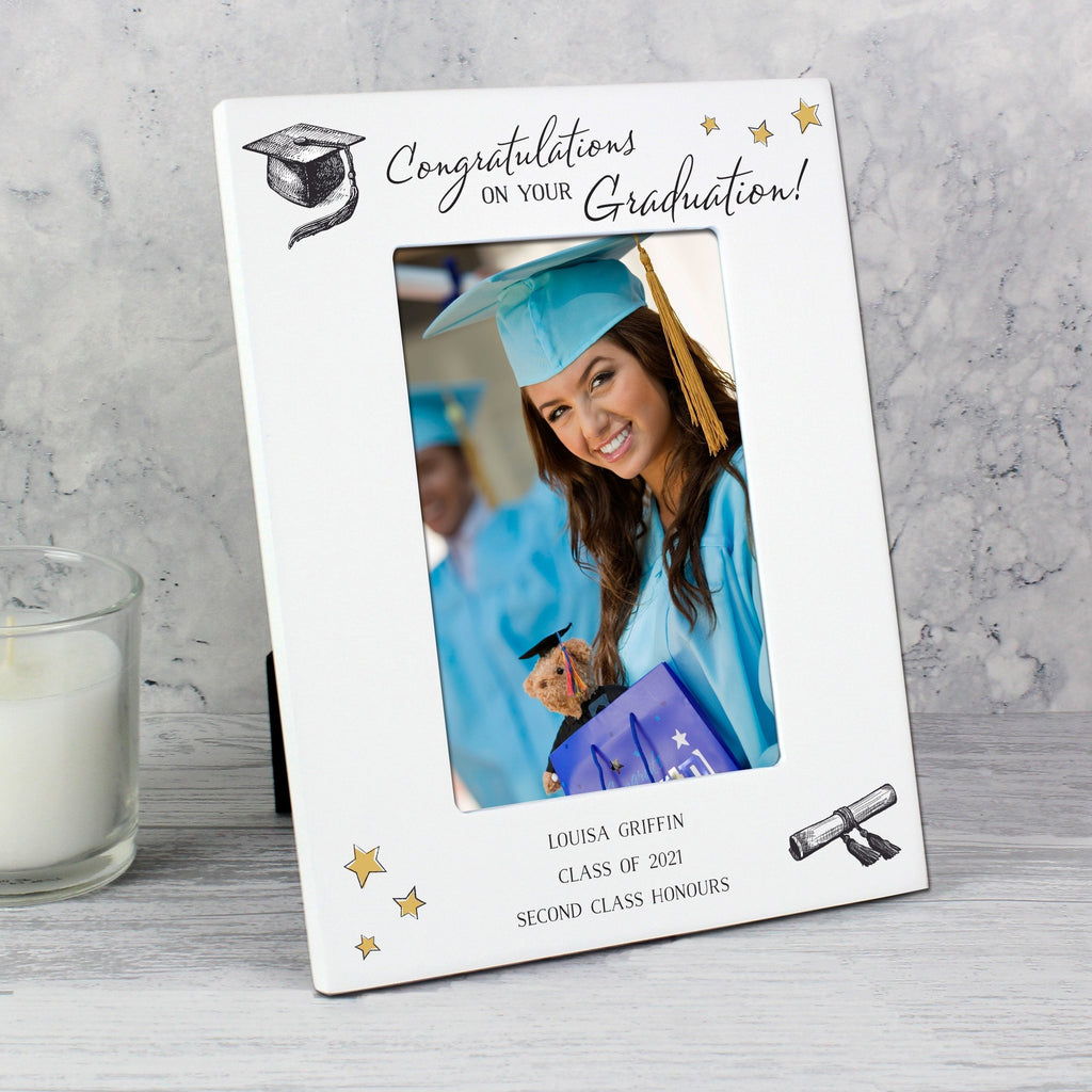 Personalised Gold Star Graduation 4x6 Inch White Wooden Photo Frame