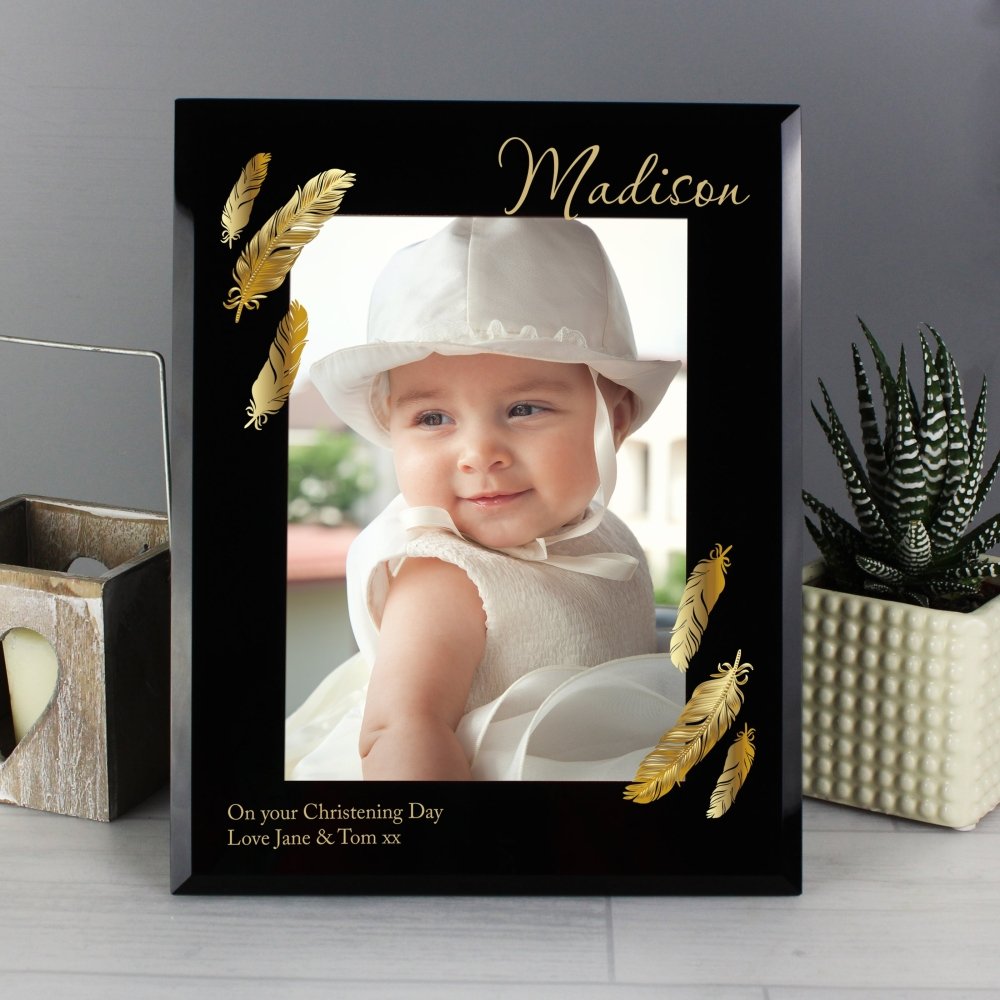 Personalised Golden Feather 5x7 Inch Black Glass Photo Frame