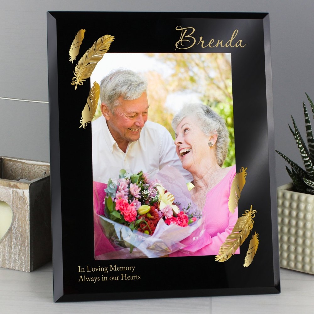 Personalised Golden Feather 5x7 Inch Black Glass Photo Frame