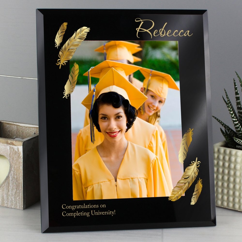 Personalised Golden Feather 5x7 Inch Black Glass Photo Frame