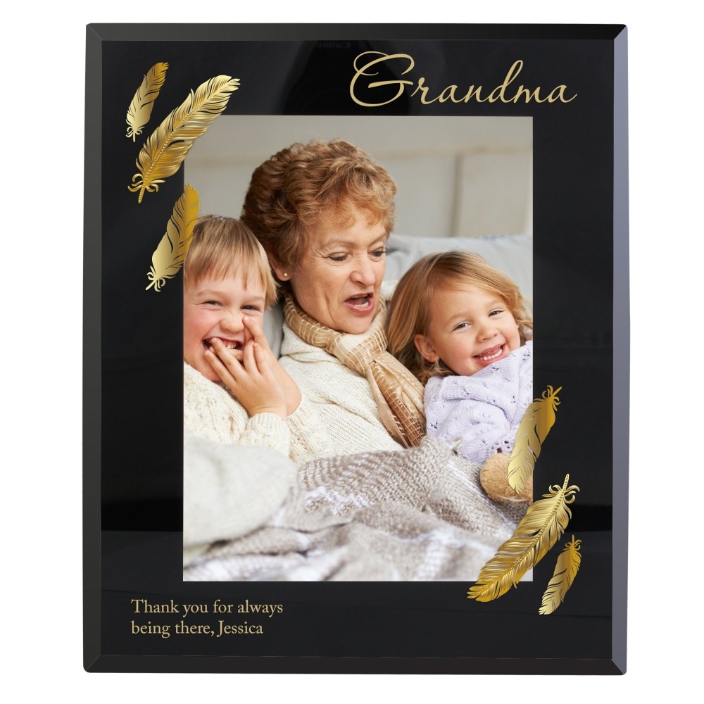 Personalised Golden Feather 5x7 Inch Black Glass Photo Frame