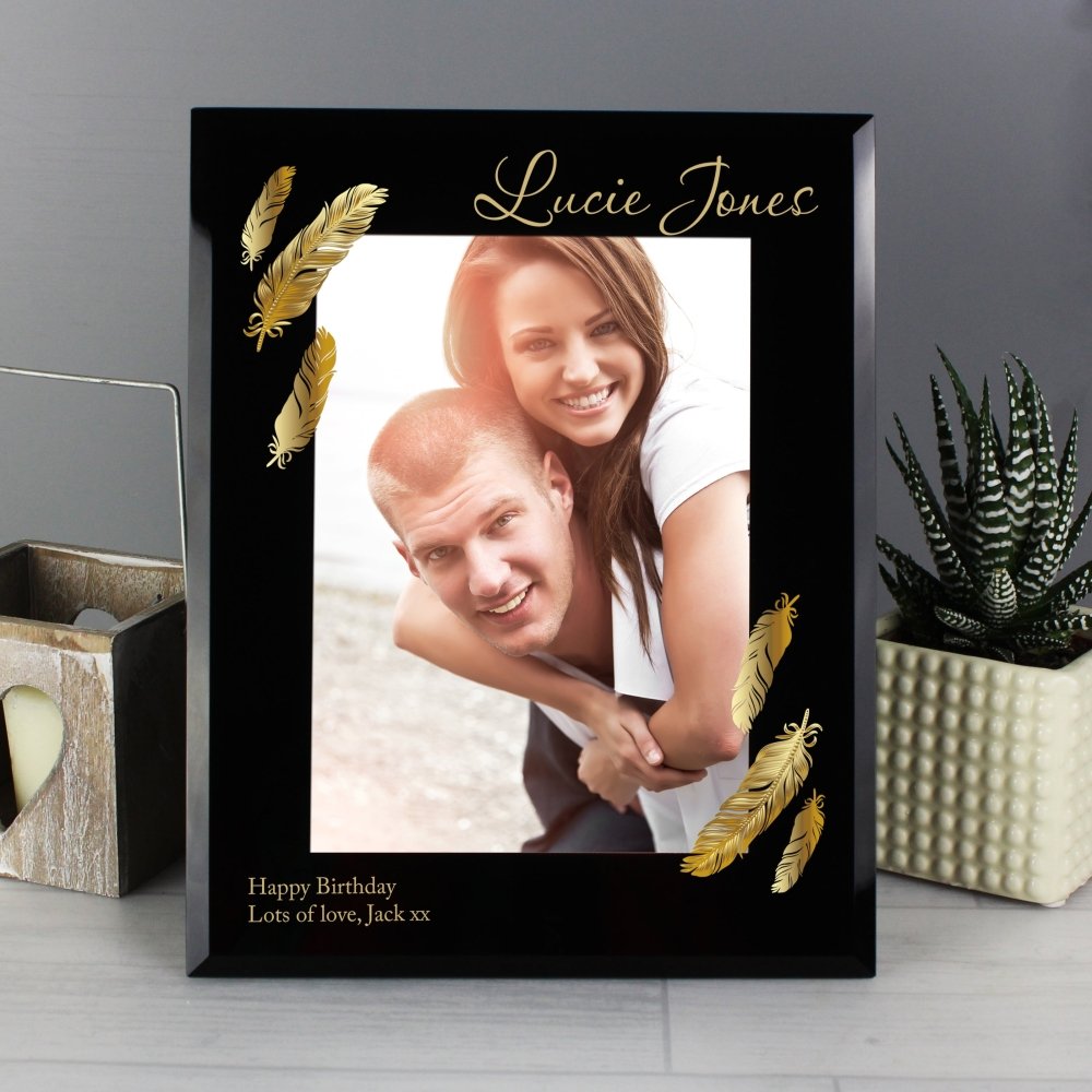 Personalised Golden Feather 5x7 Inch Black Glass Photo Frame