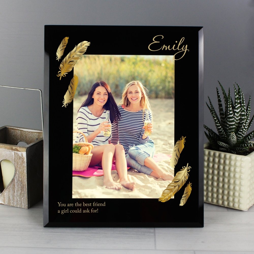 Personalised Golden Feather 5x7 Inch Black Glass Photo Frame