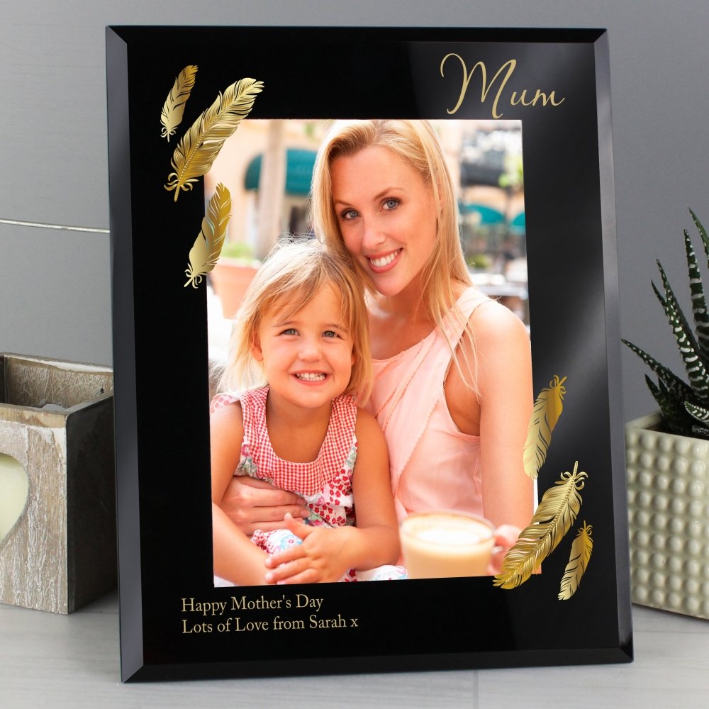 Personalised Golden Feather 5x7 Inch Black Glass Photo Frame