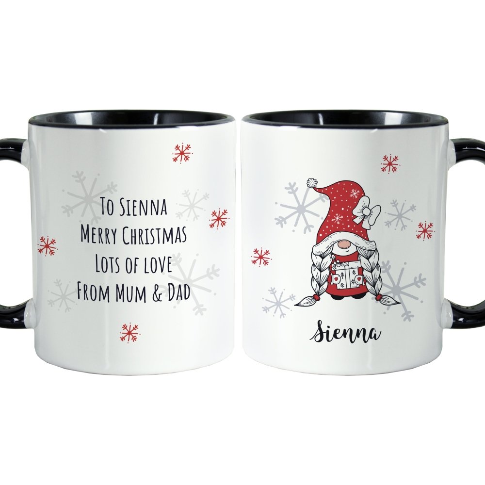 Personalised Gonk Family Black HandLED Christmas Mug - Girl