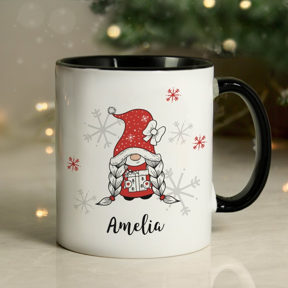 Personalised Gonk Family Black HandLED Christmas Mug - Girl