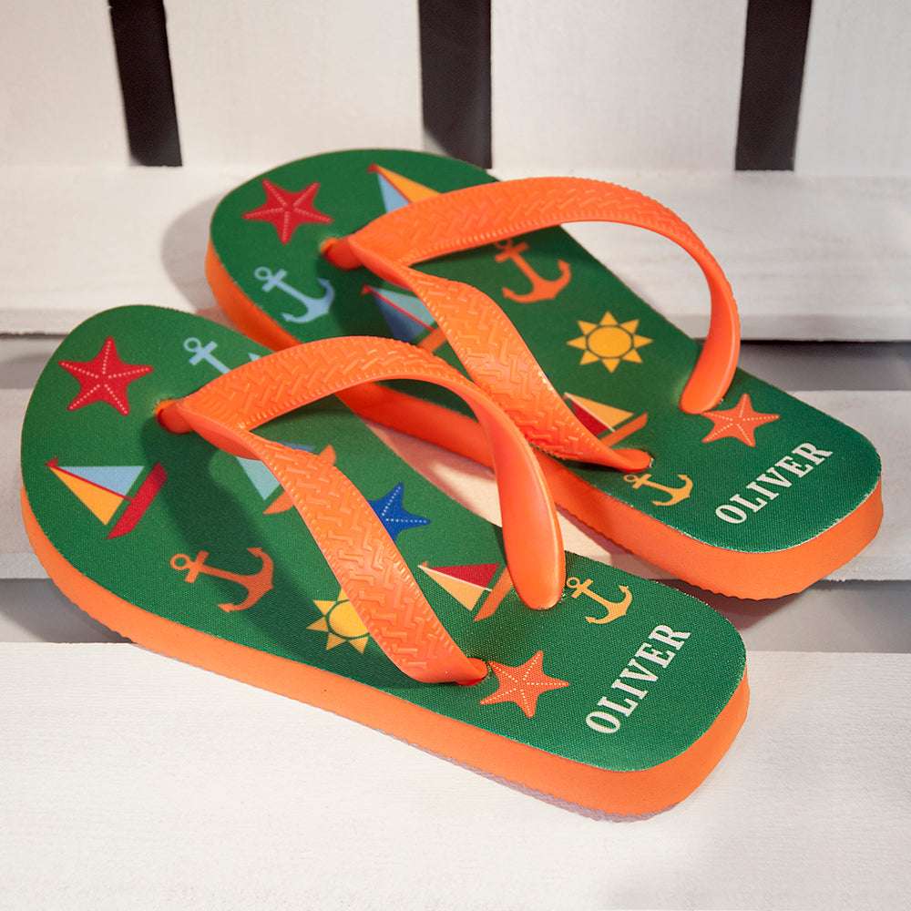 Personalised Green Fun At The Beach Child's Flip Flops