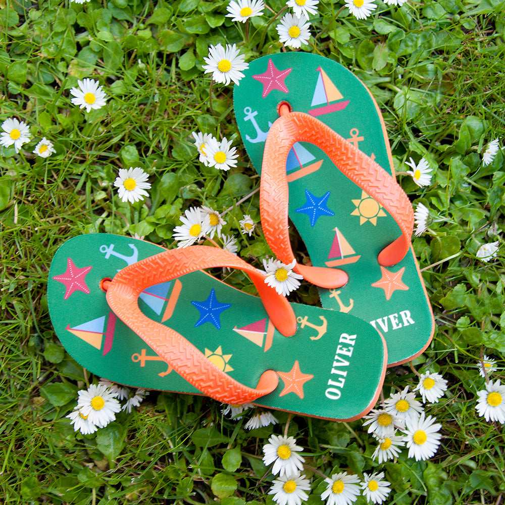 Personalised Green Fun At The Beach Child's Flip Flops