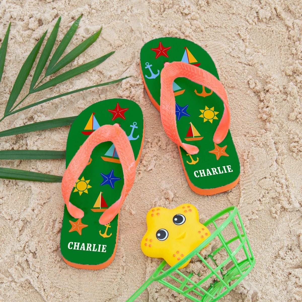 Personalised Green Fun At The Beach Child's Flip Flops