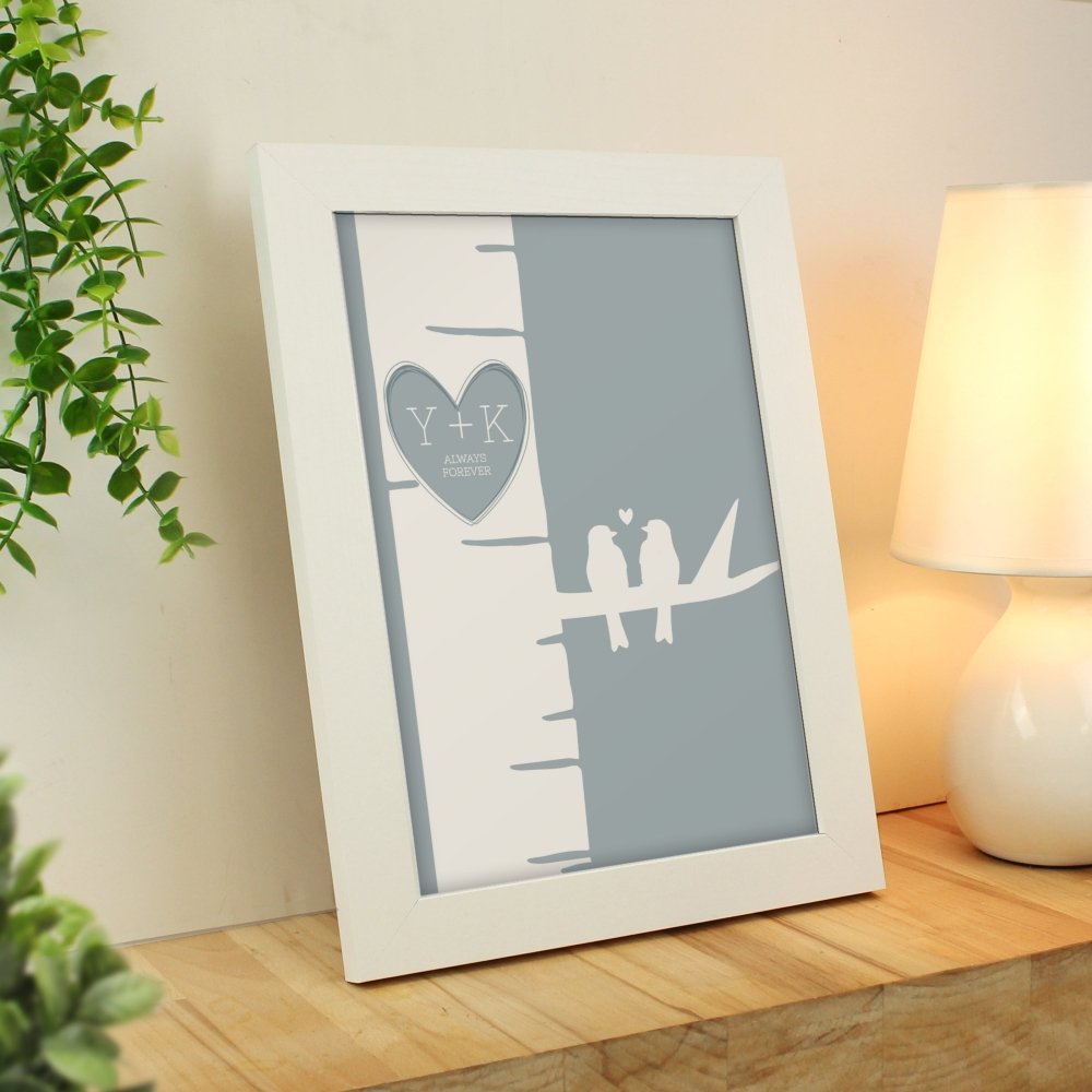 Personalised Grey Love Birds White A4 Framed Print