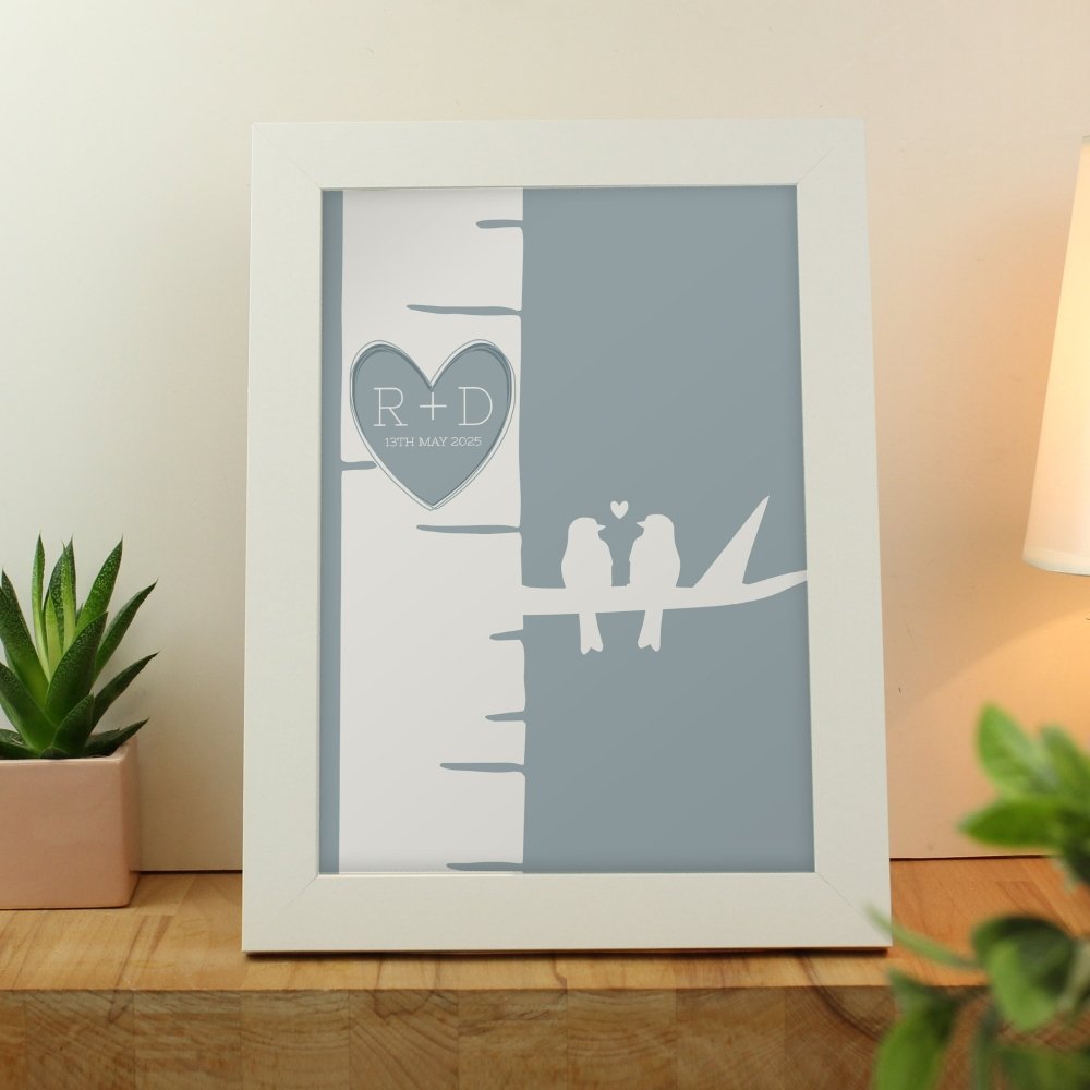 Personalised Grey Love Birds White A4 Framed Print
