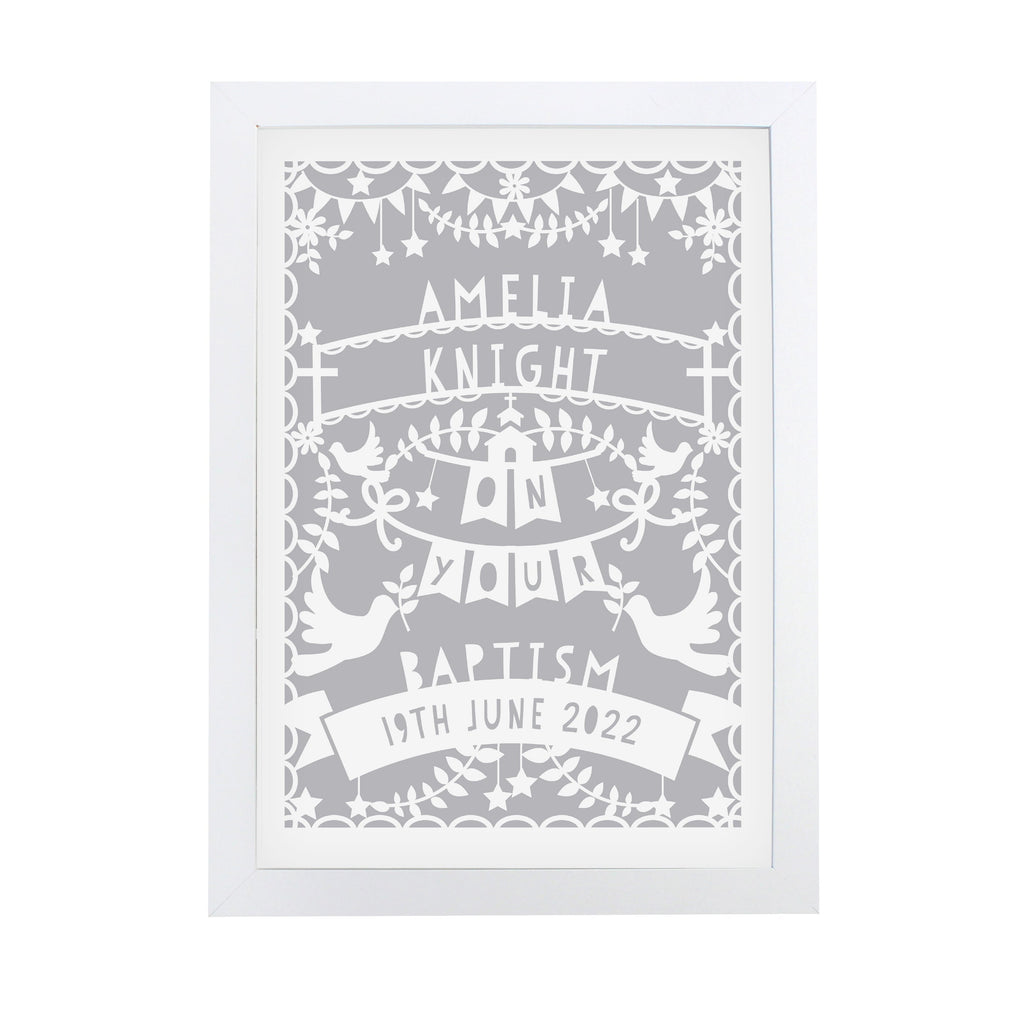 Personalised Grey Papercut Style A4 White Framed Print
