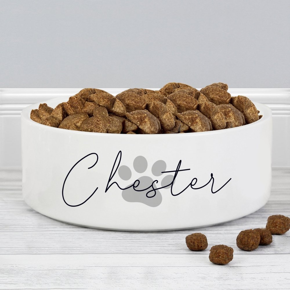 Personalised Grey Paw Print Name 14Cm Medium Pet Bowl