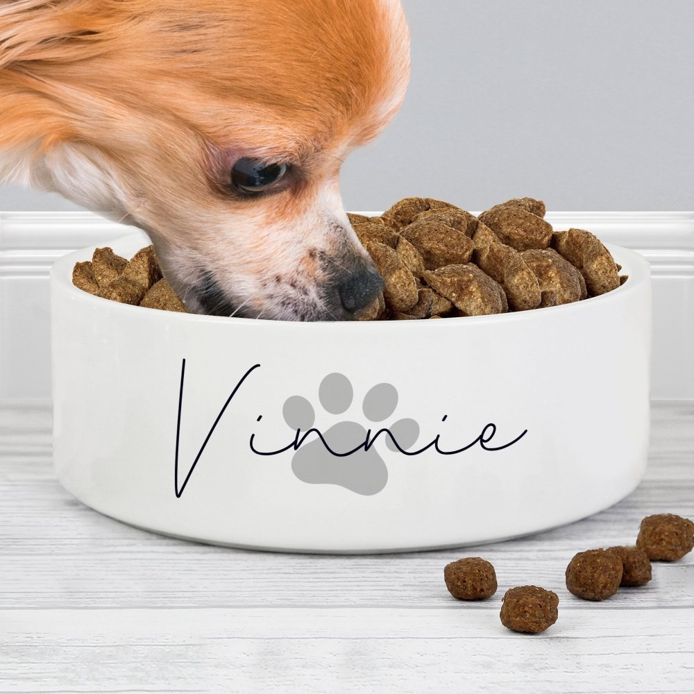Personalised Grey Paw Print Name 14Cm Medium Pet Bowl
