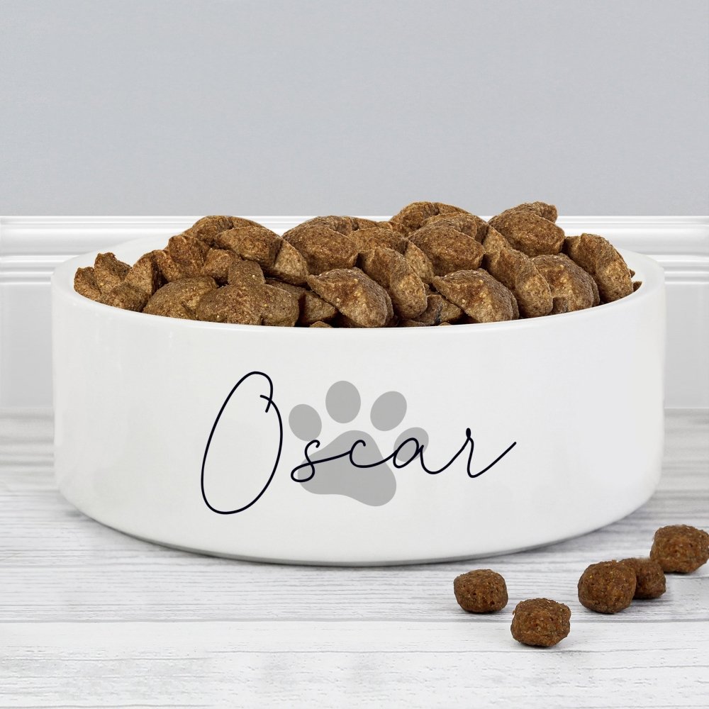 Personalised Grey Pawprint Name 14Cm Medium Pet Bowl For Dogs And Cats
