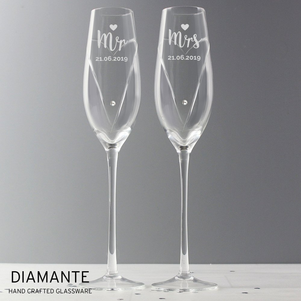 Personalised Hand Cut Mr & Mrs Pair Of Diamante Champagne Flutes, In A Gift Box