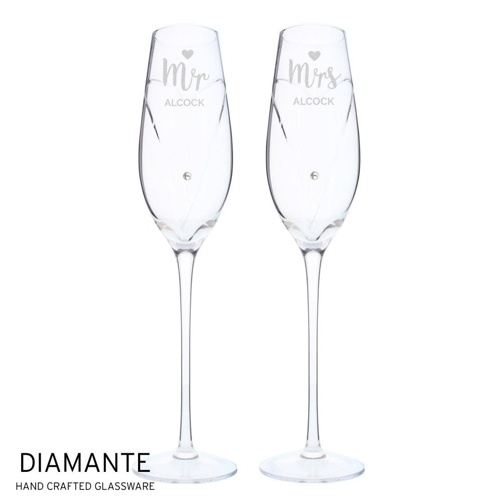 Personalised Hand Cut Mr & Mrs Pair Of Diamante Champagne Flutes, In A Gift Box