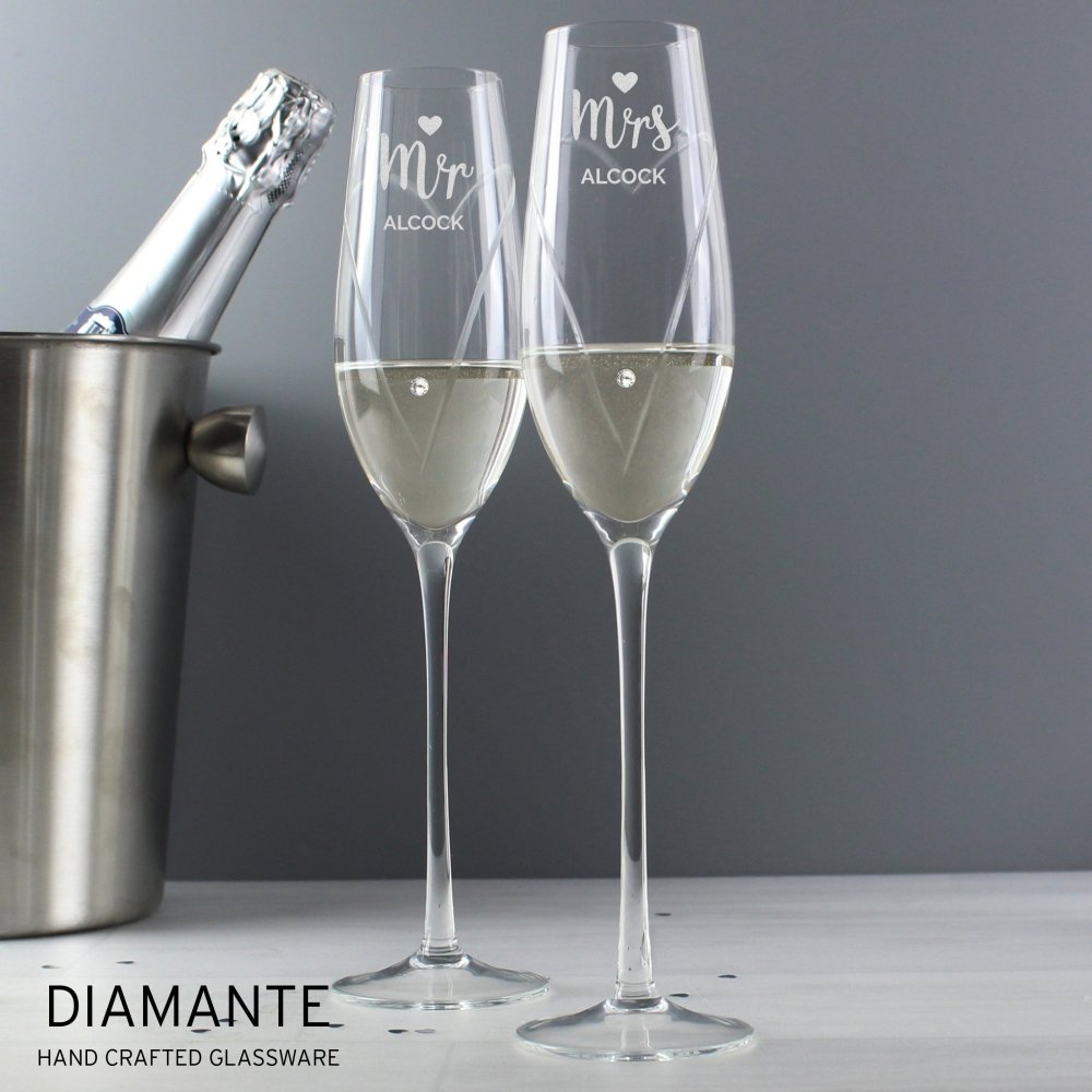 Personalised Hand Cut Mr & Mrs Pair Of Diamante Champagne Flutes, In A Gift Box