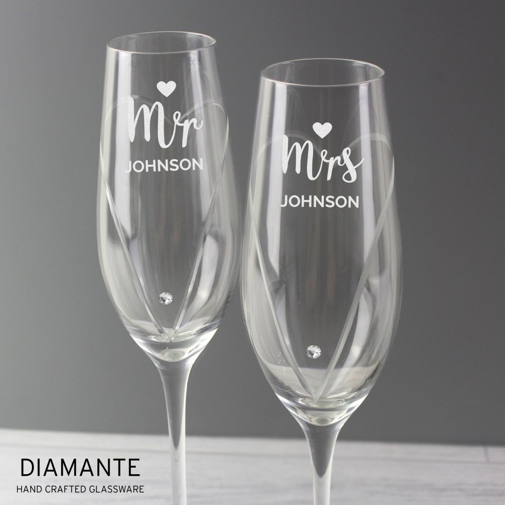 Personalised Hand Cut Mr & Mrs Pair Of Diamante Champagne Flutes, In A Gift Box
