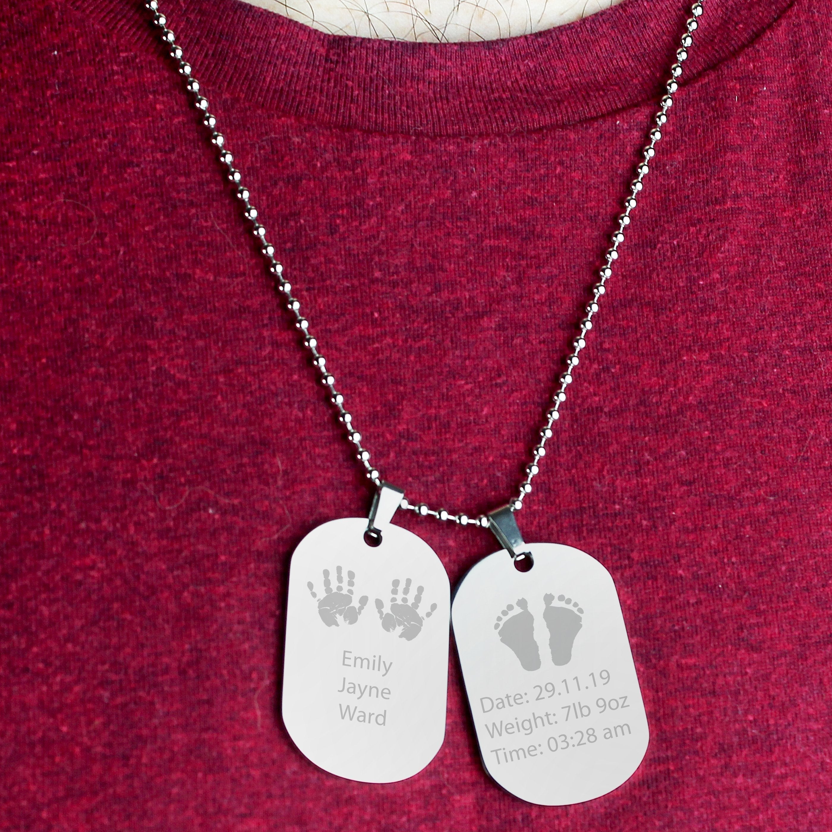 Personalised Hands And Feet New Baby Stainless Steel Double Dog Tag Necklace