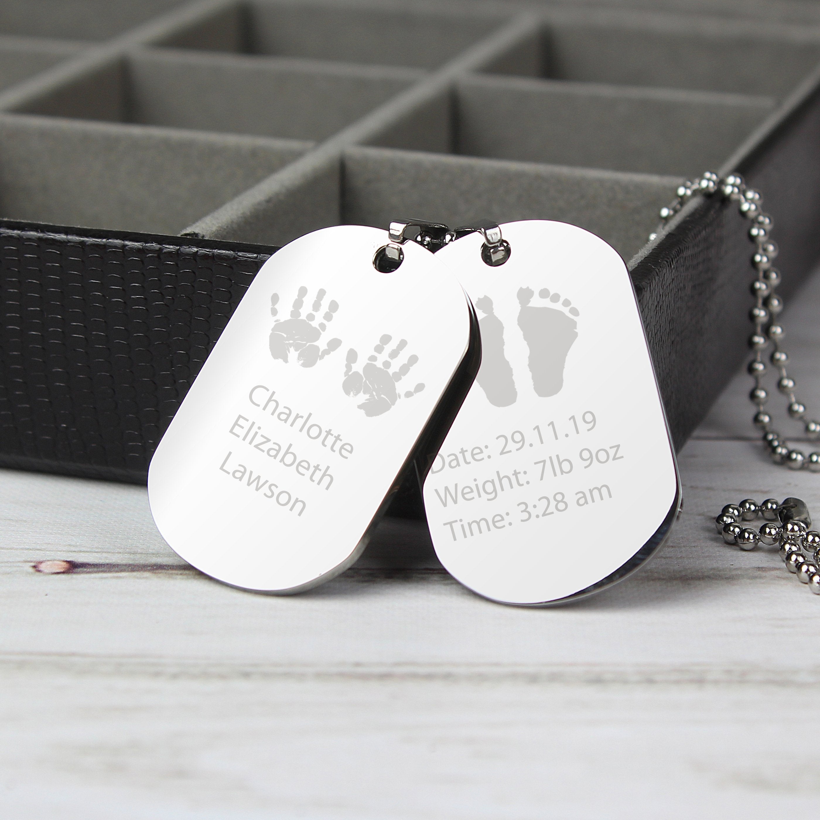 Personalised Hands And Feet New Baby Stainless Steel Double Dog Tag Necklace