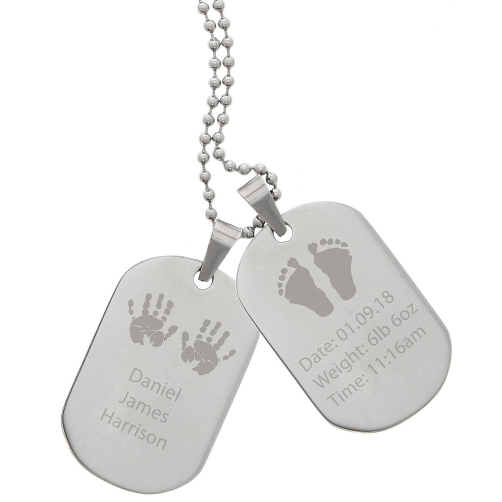 Personalised Hands And Feet New Baby Stainless Steel Double Dog Tag Necklace