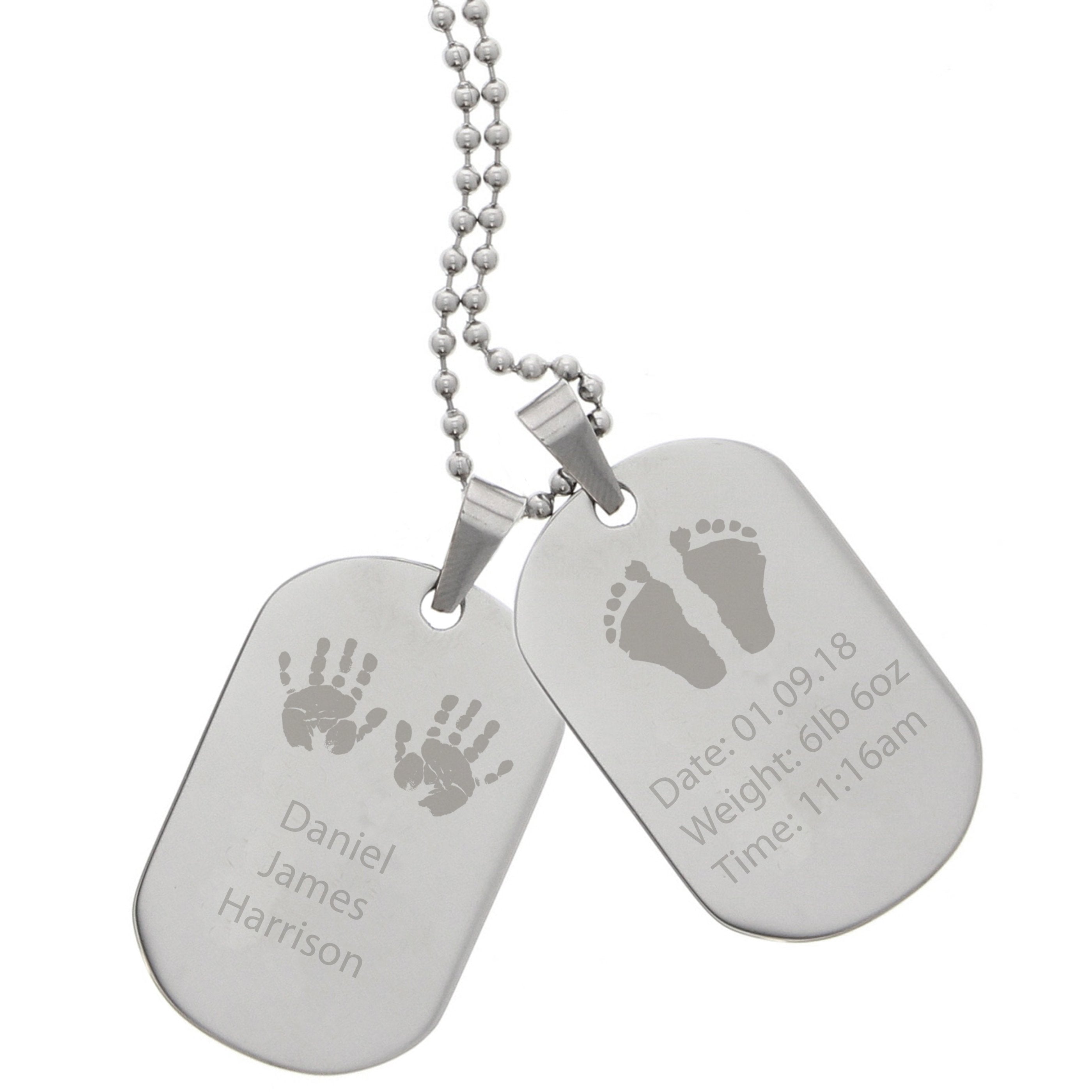 Personalised Hands And Feet New Baby Stainless Steel Double Dog Tag Necklace