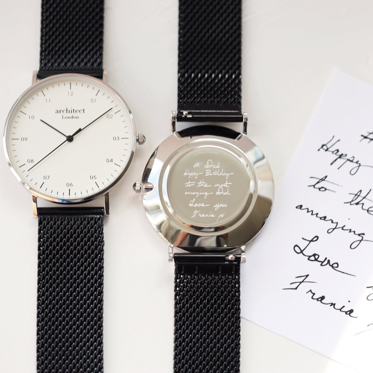 Personalised Handwriting Engraved Men's Architect Zephyr Watch + Pitch Black Mesh Strap