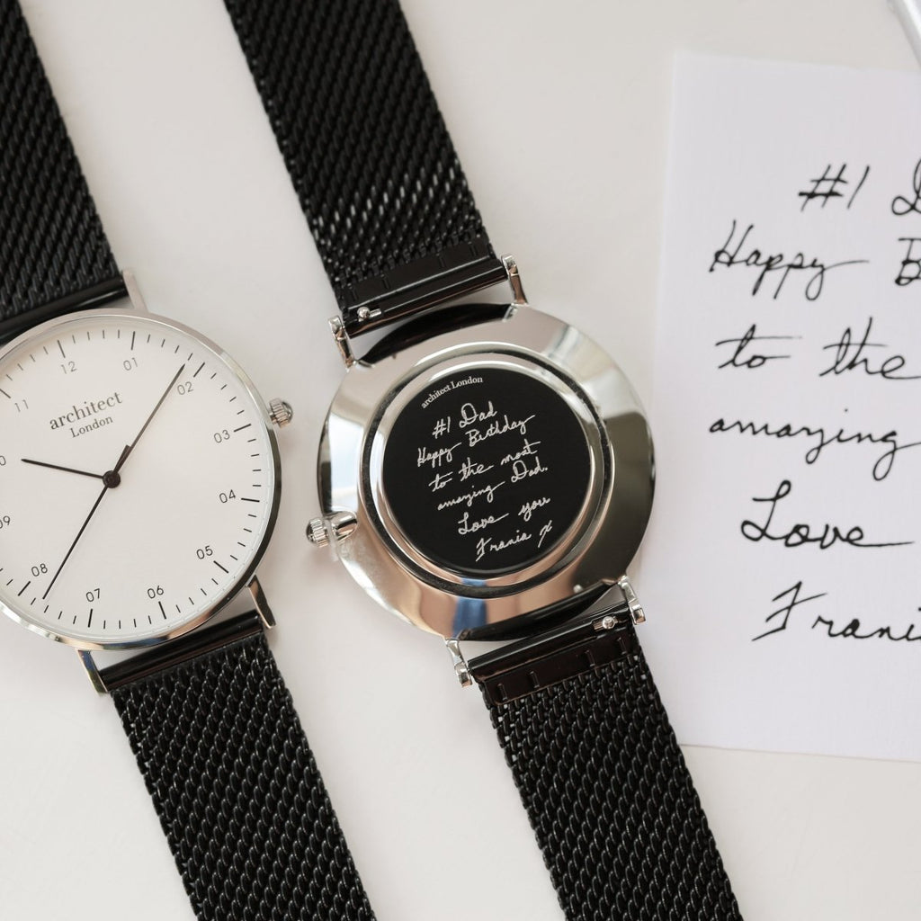 Personalised Handwriting Engraved Men's Architect Zephyr Watch + Pitch Black Mesh Strap