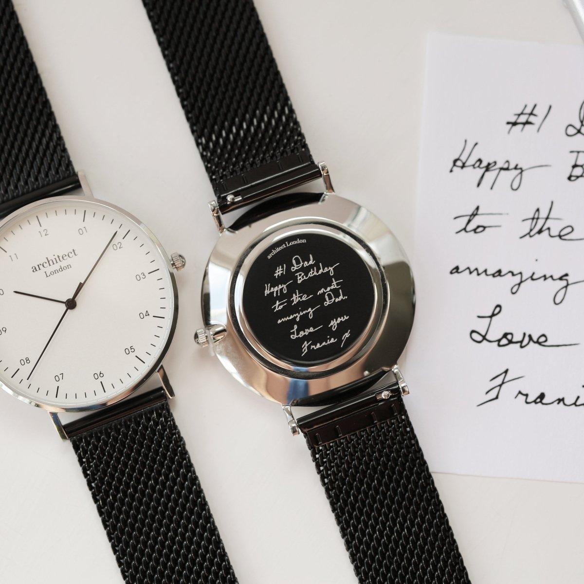 Personalised Handwriting Engraved Men's Architect Zephyr Watch + Pitch Black Mesh Strap