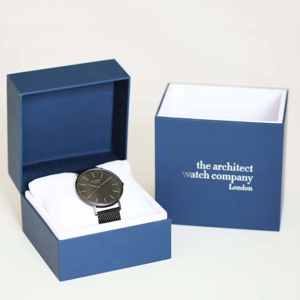 Personalised Handwriting Engraved Men's Minimalist Watch + Pitch Black Mesh Strap