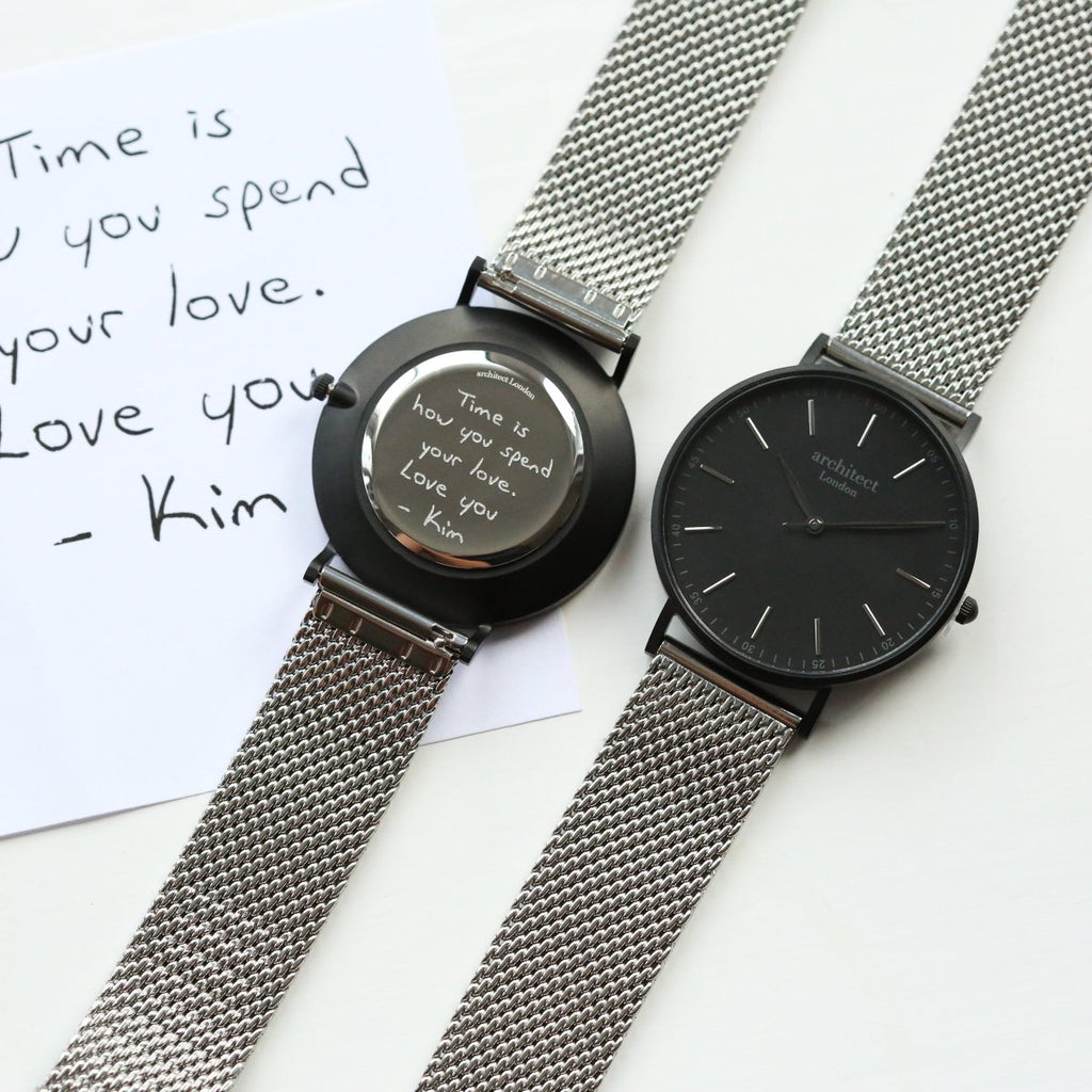 Personalised Handwriting Engraved Men's Minimalist Watch + Steel Silver Mesh Strap