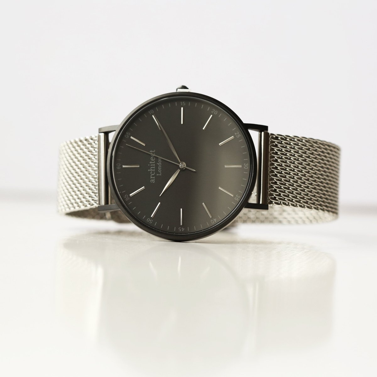 Personalised Handwriting Engraved Men's Minimalist Watch + Steel Silver Mesh Strap