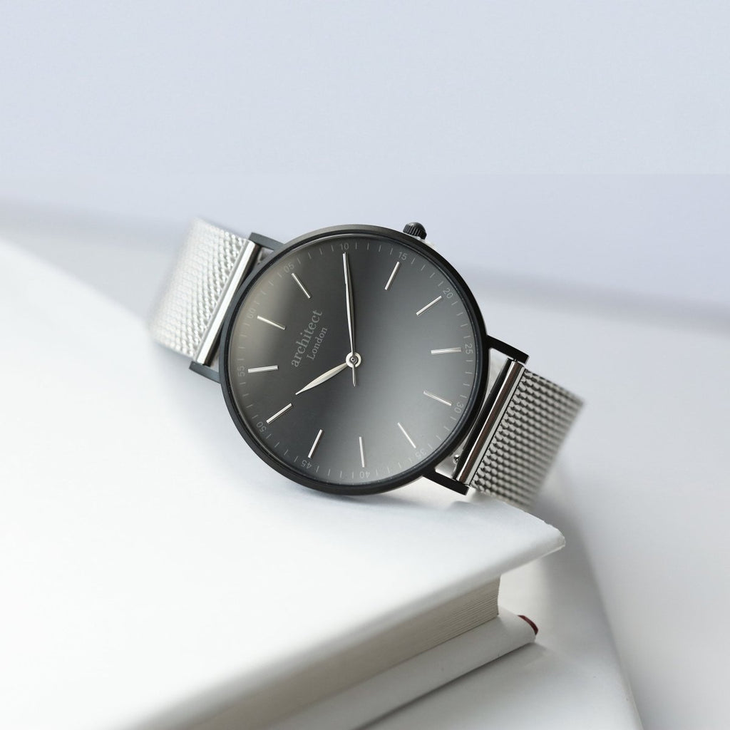 Personalised Handwriting Engraved Men's Minimalist Watch + Steel Silver Mesh Strap