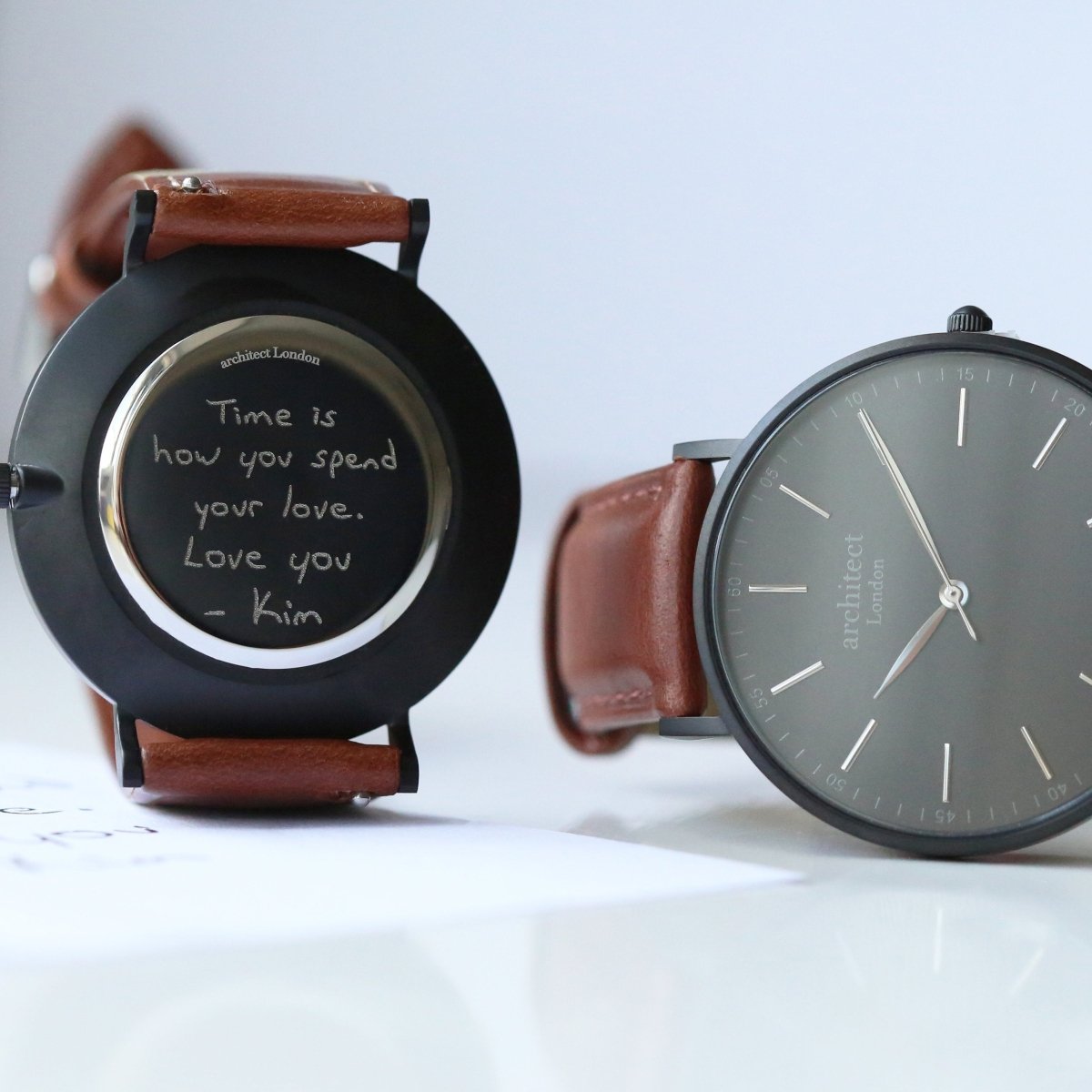 Personalised Handwriting Engraved Men's Minimalist Watch + Walnut Strap