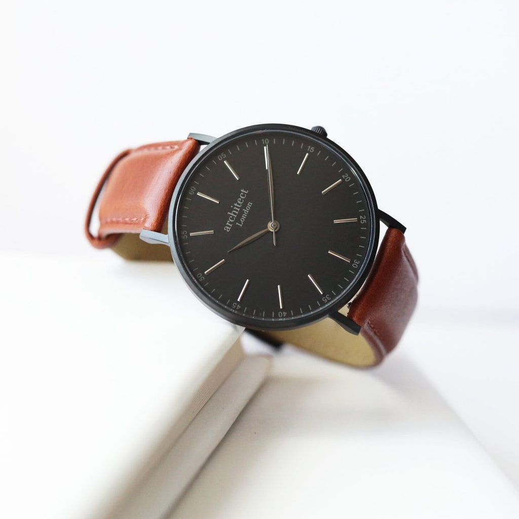 Personalised Handwriting Engraved Men's Minimalist Watch + Walnut Strap