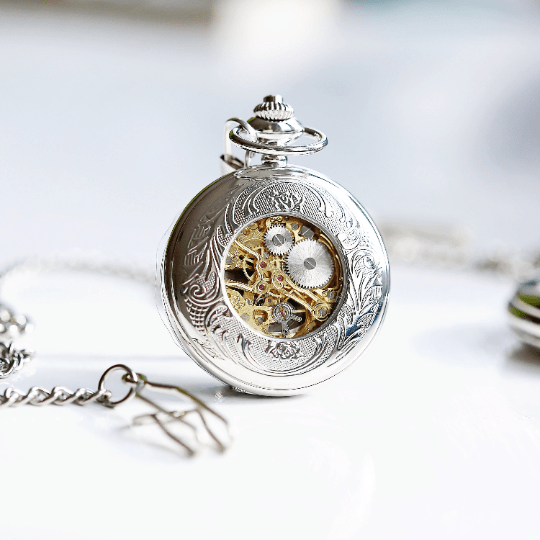 Personalised Handwriting Engraved Roman Skeleton Pocket Watch