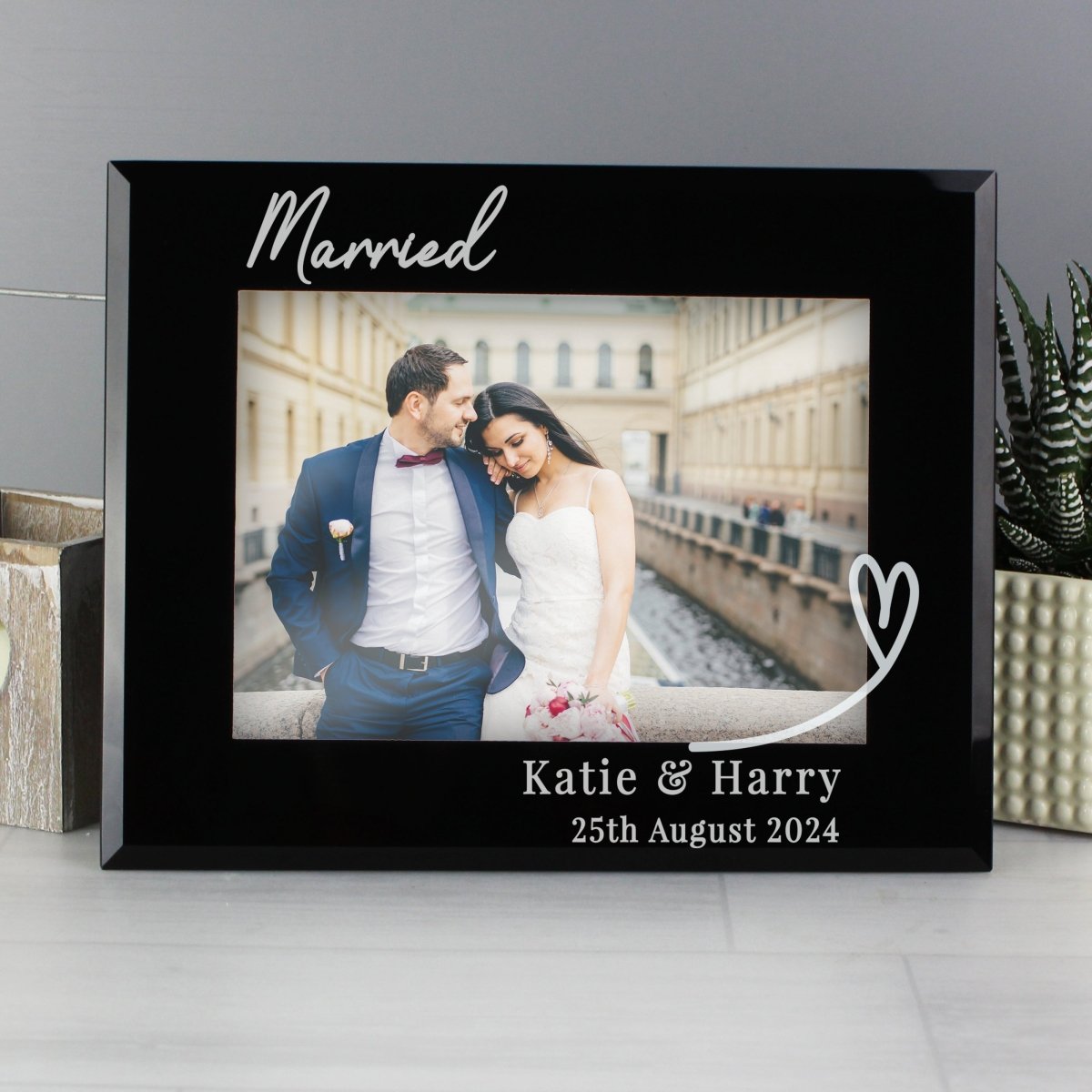 Personalised Heart Black Glass 5x7 Inch Photo Frame