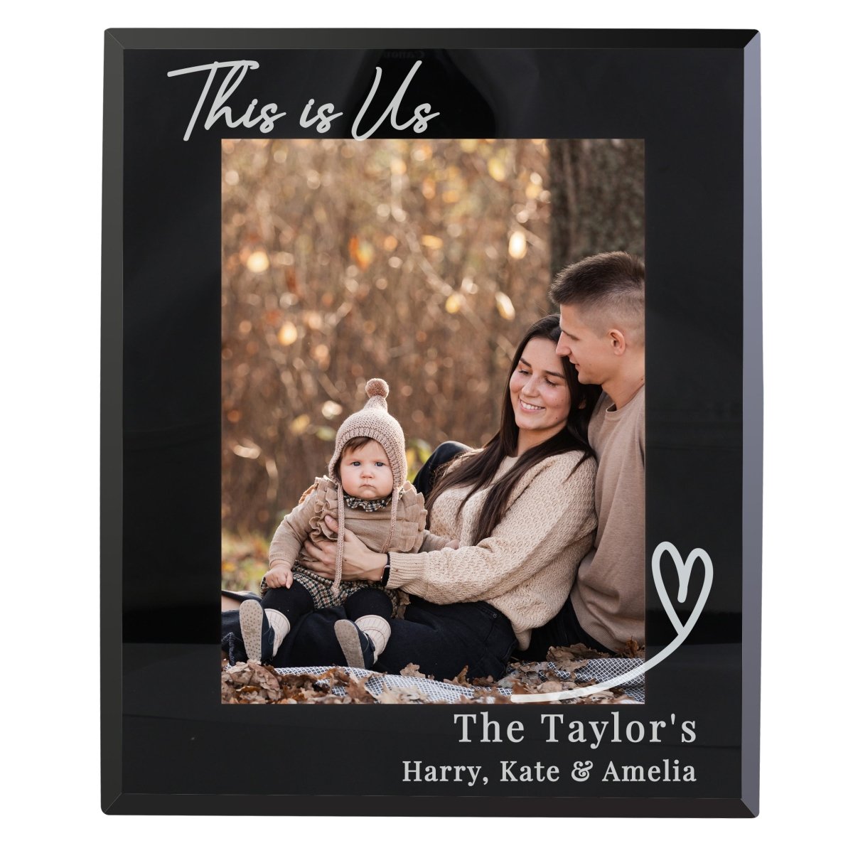Personalised Heart Black Glass 7x5 Inch Photo Frame