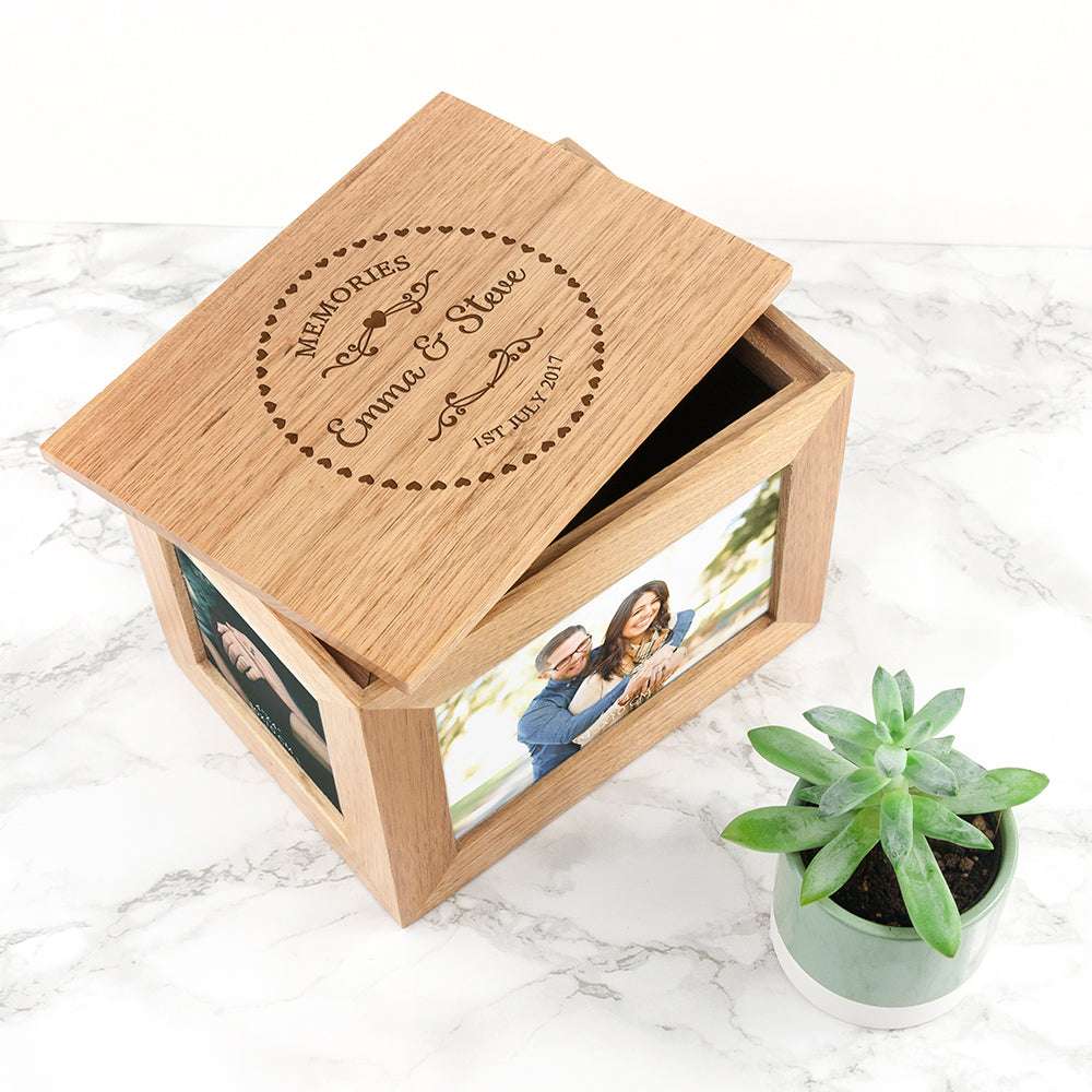 Personalised Heart Framed Couples' Midi Oak Photo Cube Keepsake Box
