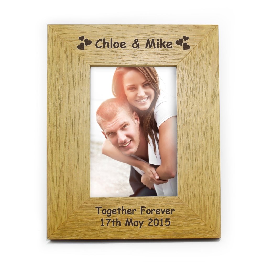 Personalised Hearts 6x4 Inch Oak Finish Photo Frame